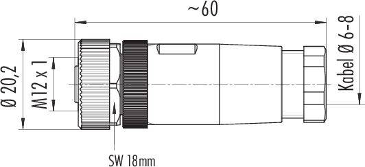 'Technische tekening van een connector: lengte ~60 mm, diameter 20,2 mm, kabeldoorsnede 6-8 mm, schroefdraad M12 x 1, sleutelwijdte 18 mm.'
