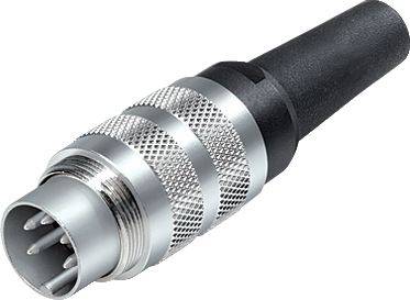 Een zilveren, cilindrische stekker met meerdere metalen pinnen en een zwarte, geïsoleerde handgreep.