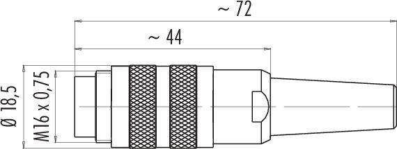 Technische tekening van een stekkerverbinding. Afmetingen: lengte ca. 72 mm, grijpbereik 44 mm, diameter 18,5 mm, schroefdraad M16 x 0,75.