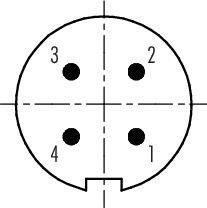 Kringssymbool met vier zwarte punten, genummerd van 1 tot 4 met de klok mee, wijst op een elektrische stekkerverbinding.