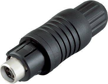 Een zwarte, cilindrische stekker met een metalen pin aan het uiteinde. Geschikt voor audio- of elektronische aansluitingen.