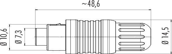 Technische tekening van een stekker met maatvoering: lengte ca. 48,6 mm, diameter 10,6 mm en 14,5 mm op verschillende plaatsen.