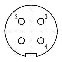 Diagram van een 4-polige rondstekker met een cirkelvormige behuizing. De pinnen zijn genummerd van 1 tot 4, symmetrisch gerangschikt.