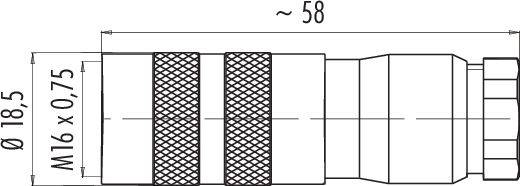 Technische tekening van een cilindrische component met afmetingen Ø 18,5 mm en ~58 mm lengte, M16 x 0,75 schroefdraad.