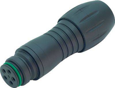 Een zwarte cilindrische stekker met een groene afdichtingsring en meerdere elektrische contacten aan één uiteinde.