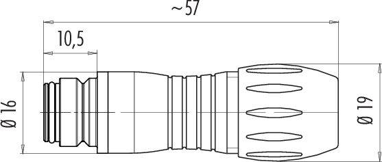Technische tekening van een slangaansluiting. Afmetingen: totale lengte ~57 mm, diameter 16 mm en 19 mm, lengte 10,5 mm.