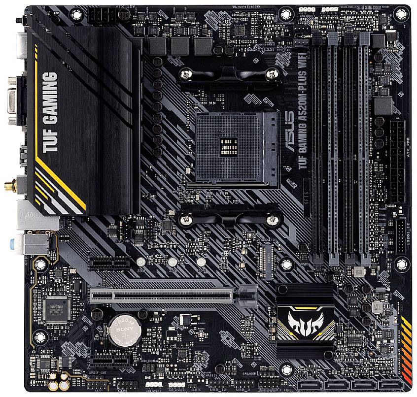 Een ASUS TUF Gaming-moederbord met verschillende aansluitingen, RAM-sleuven en een opvallend ontwerp in zwart en geel.
