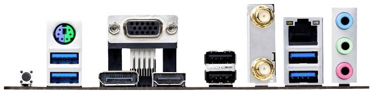 Achterkant van een computer-moederbord met verschillende aansluitingen: VGA, USB, Audio, Netwerk en PS/2-aansluiting voor toetsenborden/muizen.