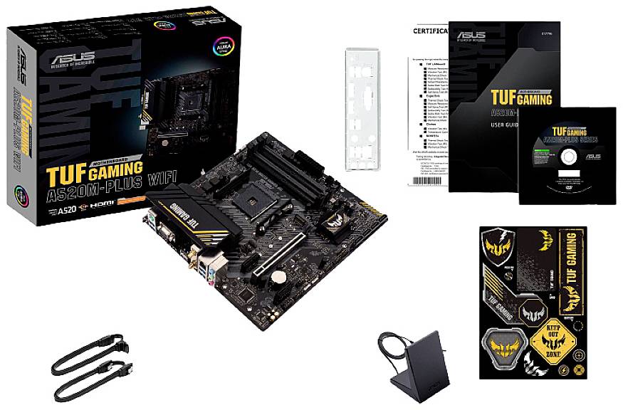 'ASUS TUF Gaming A520M-Plus WiFi' moederbordset met toebehoren: kabels, handleiding, stuur-cd en stickers. Doos met moederbordafbeelding.