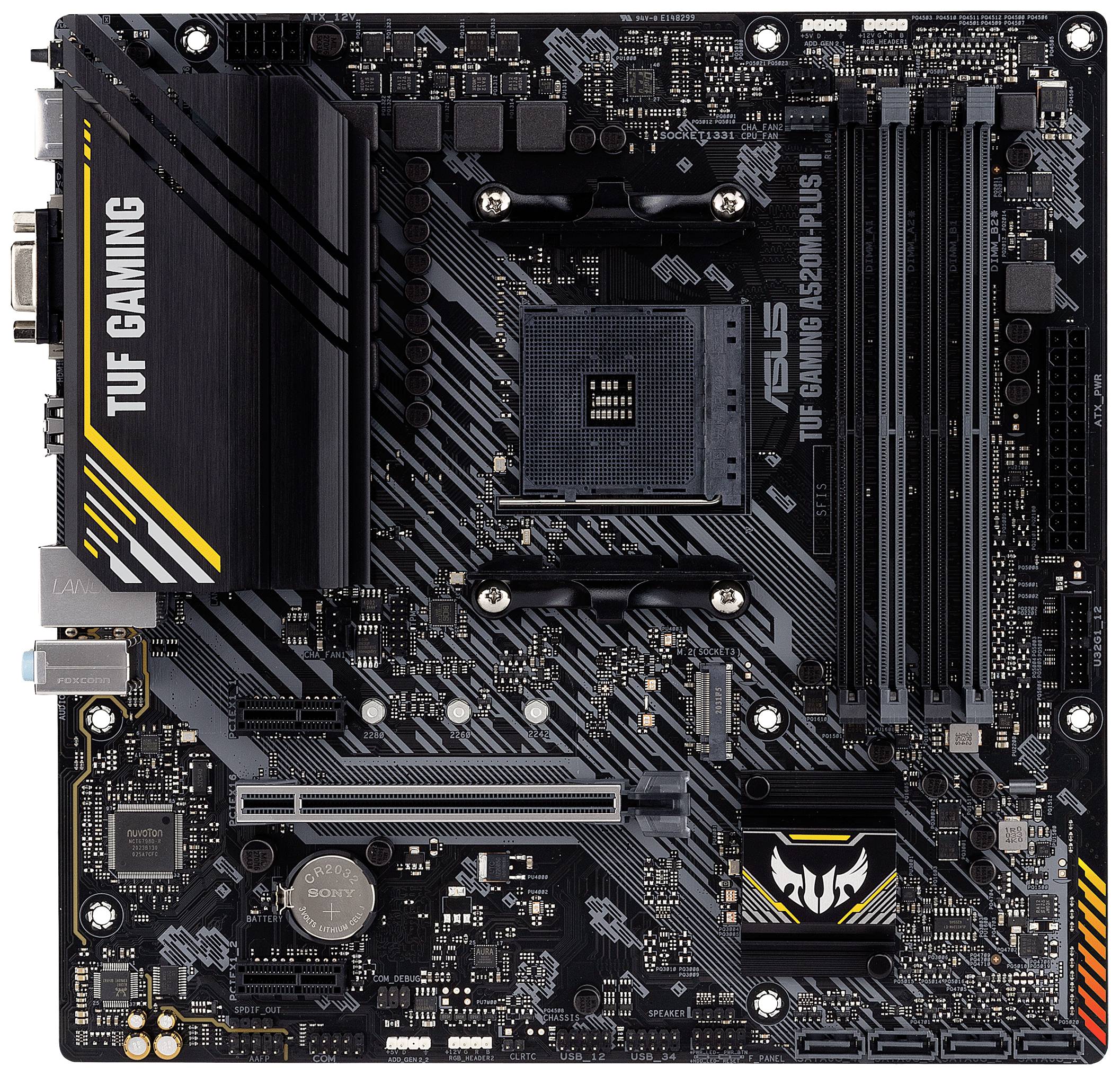 Zwart moederbord met PCIe-slots, RAM-sleuven en heatsinks. Gemarkeerd met 'TUF Gaming' en 'ASUS'.