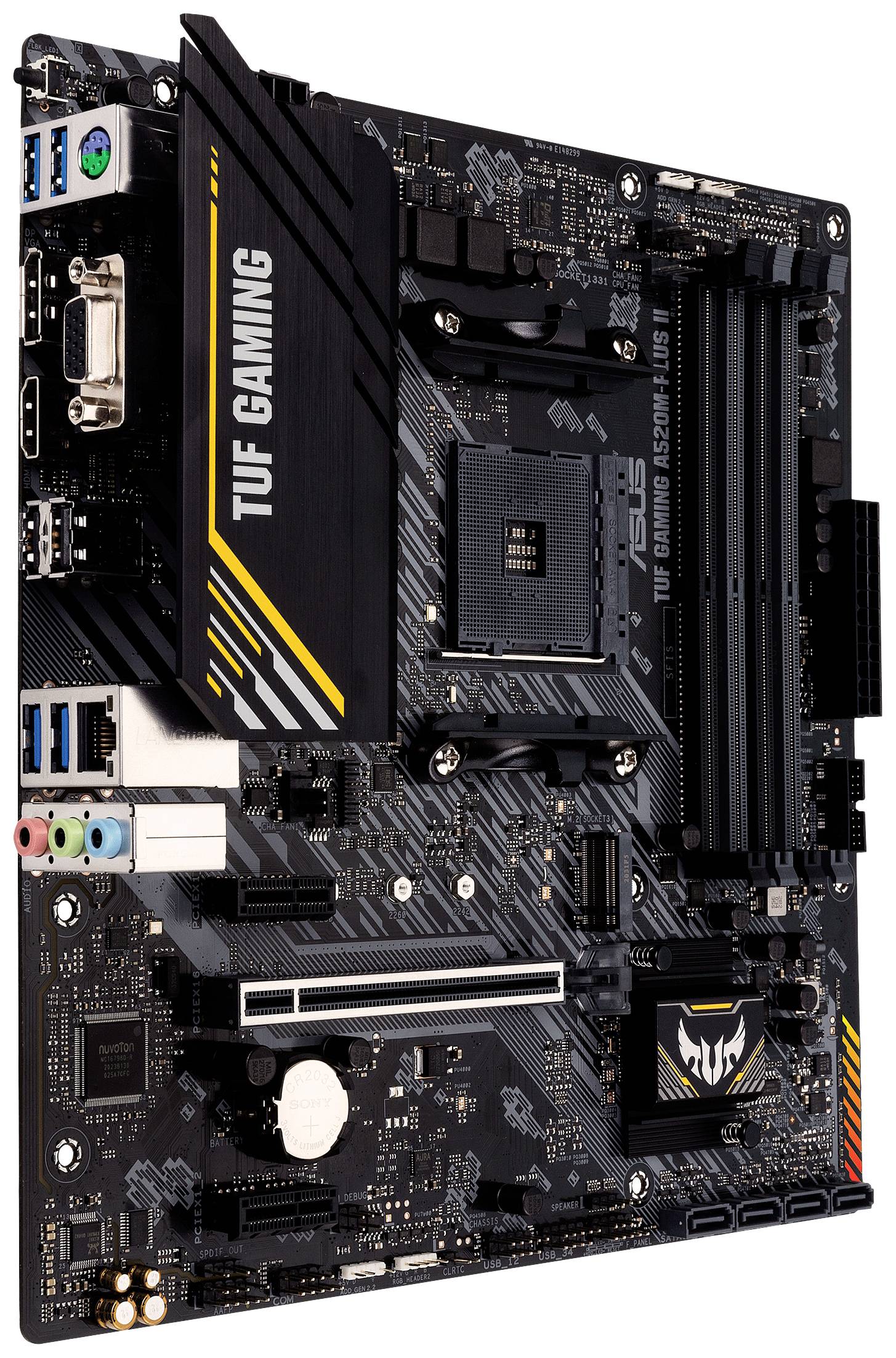 Moederbord met opschrift 'TUF Gaming'. Het bevat PCIe-sleuven, RAM-sleuven en aansluitingen voor randapparatuur.