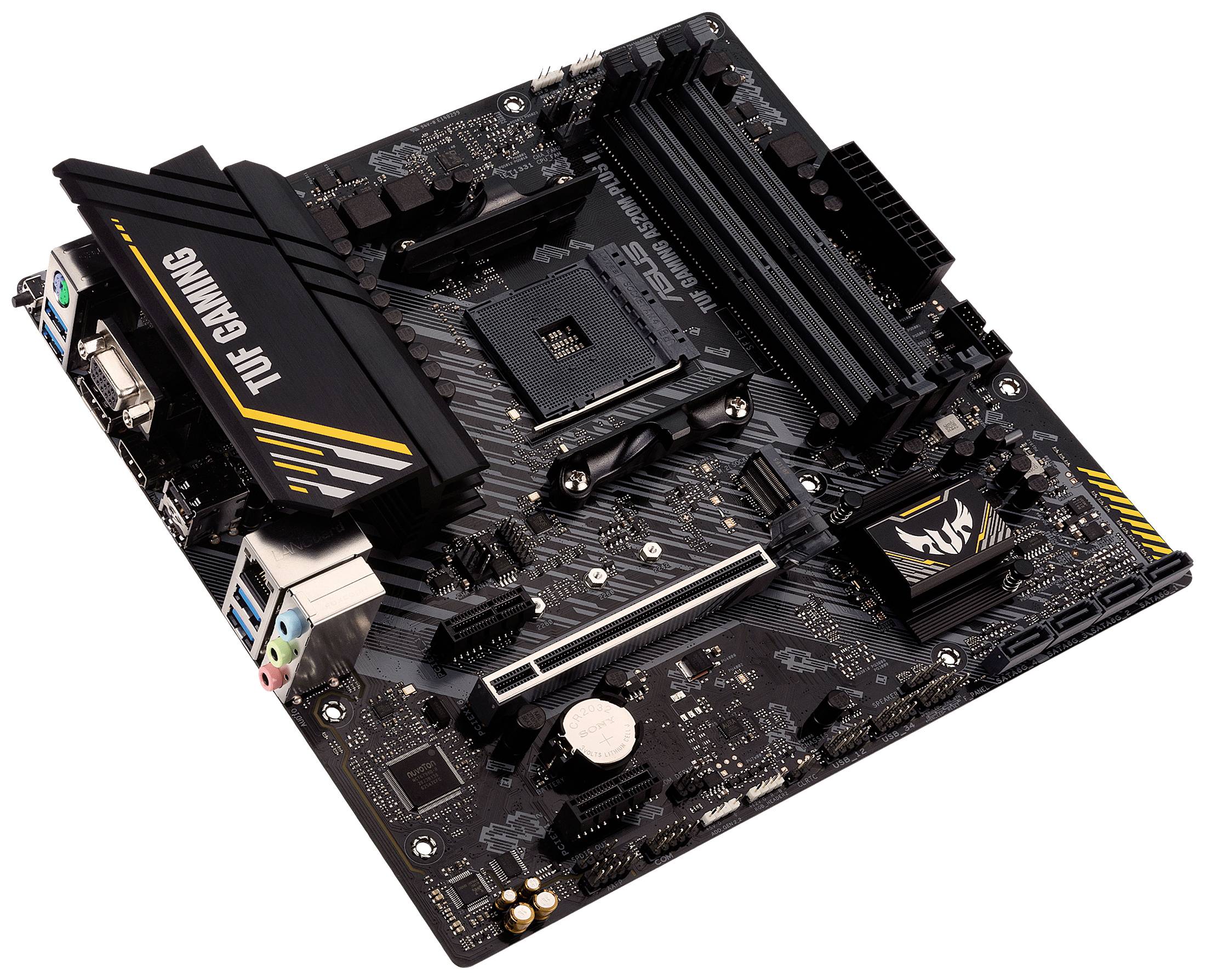 Een ASUS TUF Gaming moederbord met geïntegreerde koeling en meerdere aansluitingen. Geschikt voor gaming-pc's en krachtige toepassingen.