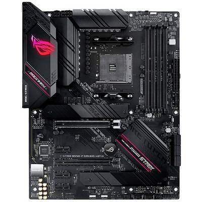 Een zwart moederbord met meerdere sleuven en aansluitingen, geschikt voor gaming-pc's. Linksboven is een verlicht logo zichtbaar.
