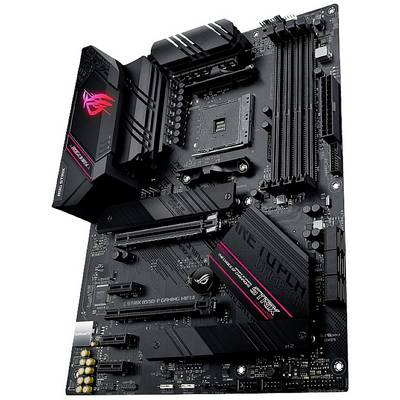 Een zwart computermotherboard met meerdere uitbreidingssleuven en aansluitingen, waaronder RAM-sleuven en een CPU-socket, met RGB-verlichting.