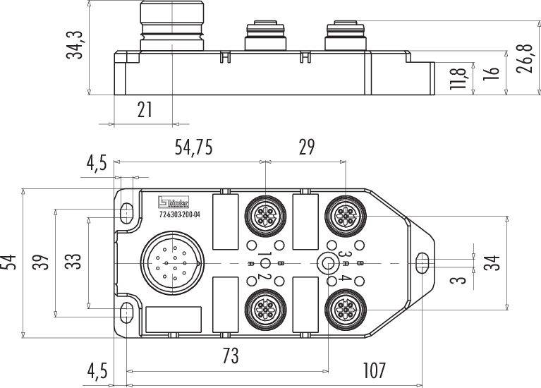 Technische tekening van een rechthoekige behuizing met exacte maatvoering in millimeters. Bovenaan twee ronde aansluitingen, onderaan bovenaanzicht van de behuizing.