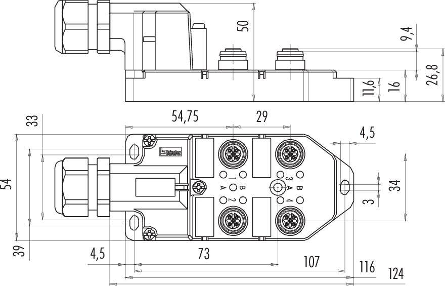 Technische tekening van een connector met afmetingen, bovenaanzicht en zijaanzicht. Afmetingen in millimeters zijn weergegeven.