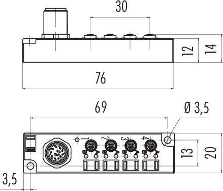 Technische tekening van een elektrisch aansluitpaneel met meerdere aansluitplaatsen. Afmetingen weergegeven in millimeters.