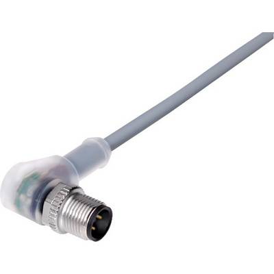 Een grijs, gehoekt kabel met een ronde, metalen stekker aan het uiteinde, geschikt voor elektrische aansluitingen.