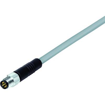 Een M12-stekker met een groen kabel, die wordt gebruikt voor industriële toepassingen. De stekker heeft een metalen kop en vier pinnen.