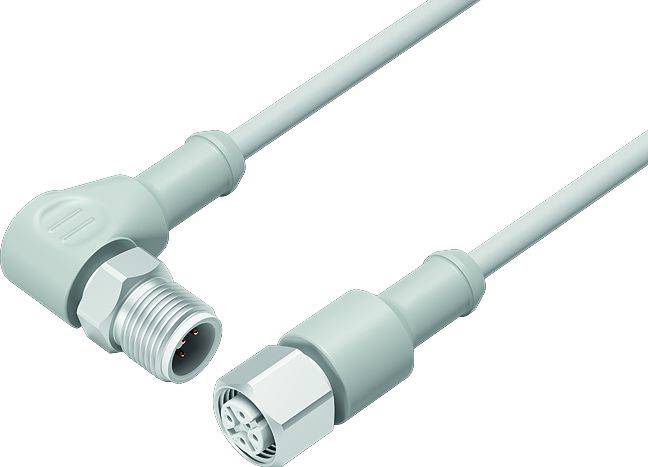 'Twee grijze stekkerverbindingskabels met verschillende aansluitingen, een rechte en een haakse, op een witte achtergrond.'