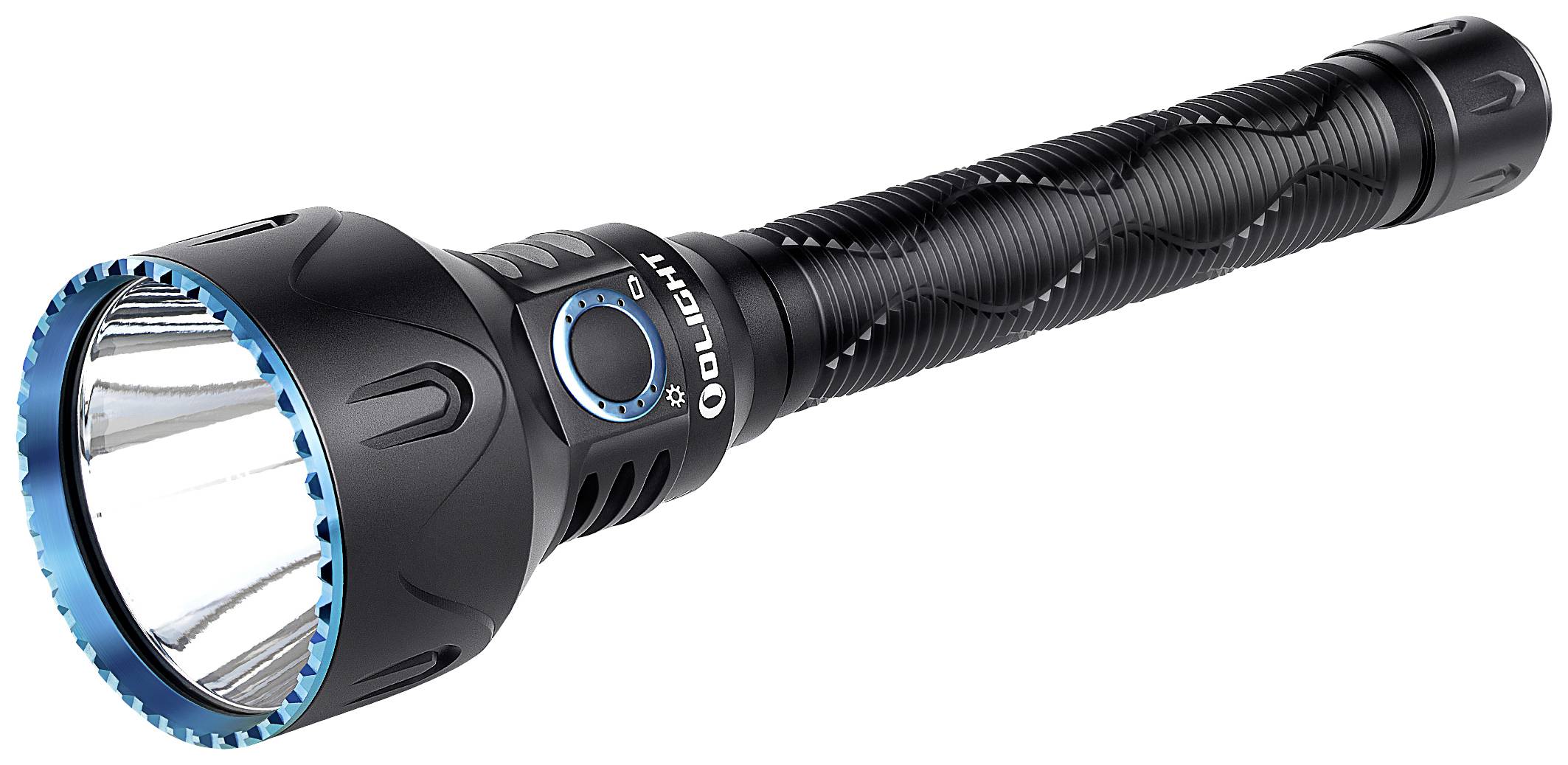 Een zwart-blauwe zaklamp met een geribbelde handgreep en een brede lichtbron. Hij is langwerpig en robuust ontworpen.