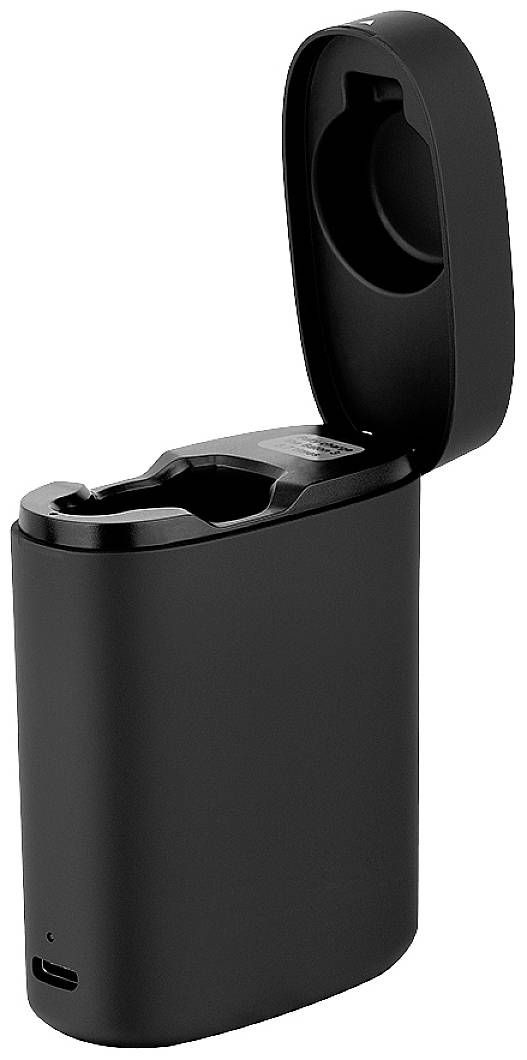 Een zwarte, opvouwbare, elektrische sigaret met USB-aansluiting, staat open en toont zijn binnenkant.