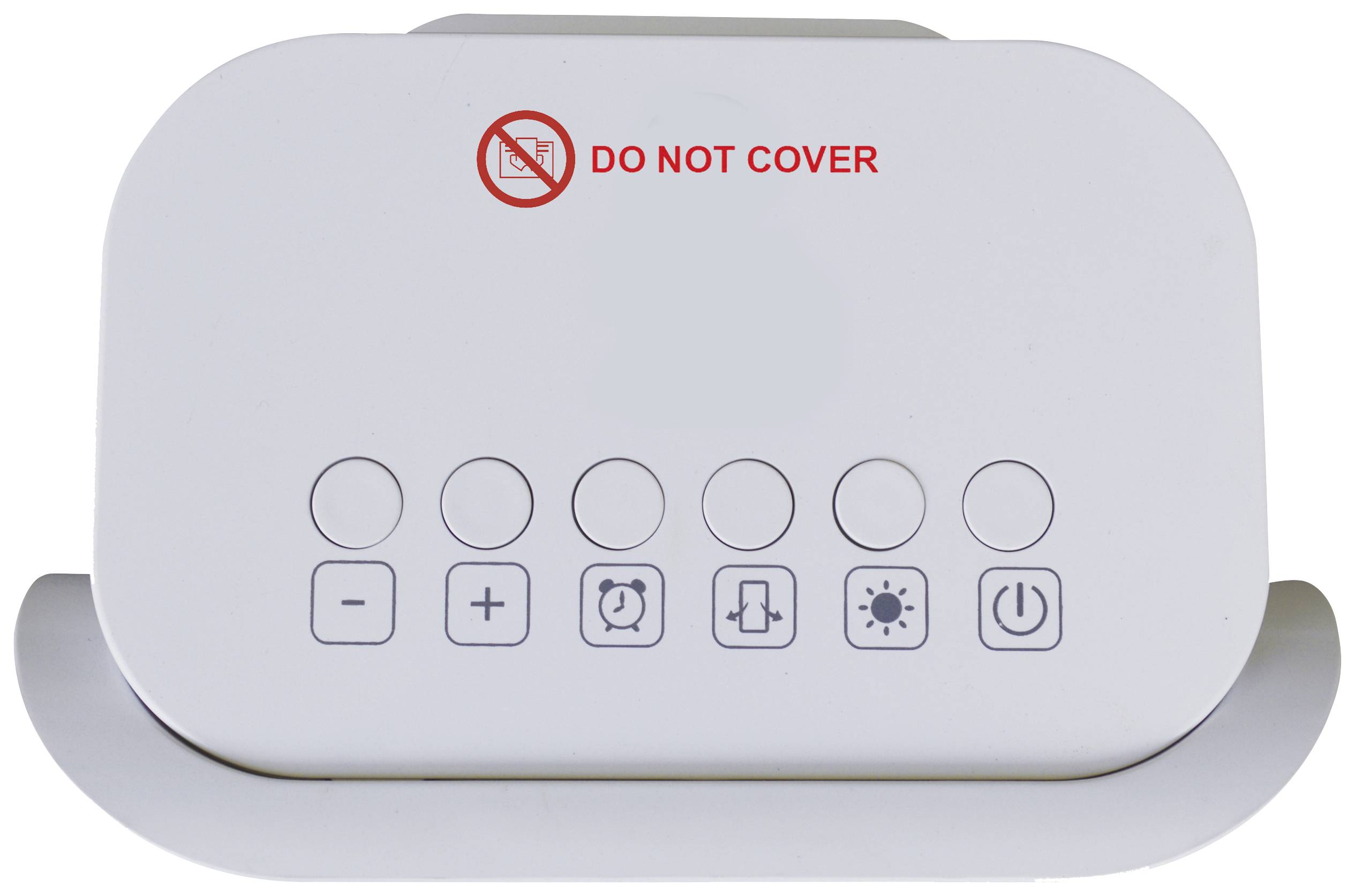 Bedieningspaneel met zeven toetsen voor instellingen zoals temperatuur plus/min, timer, modus, helderheid en aan/uit. Opmerking: 'Niet bedekken'.