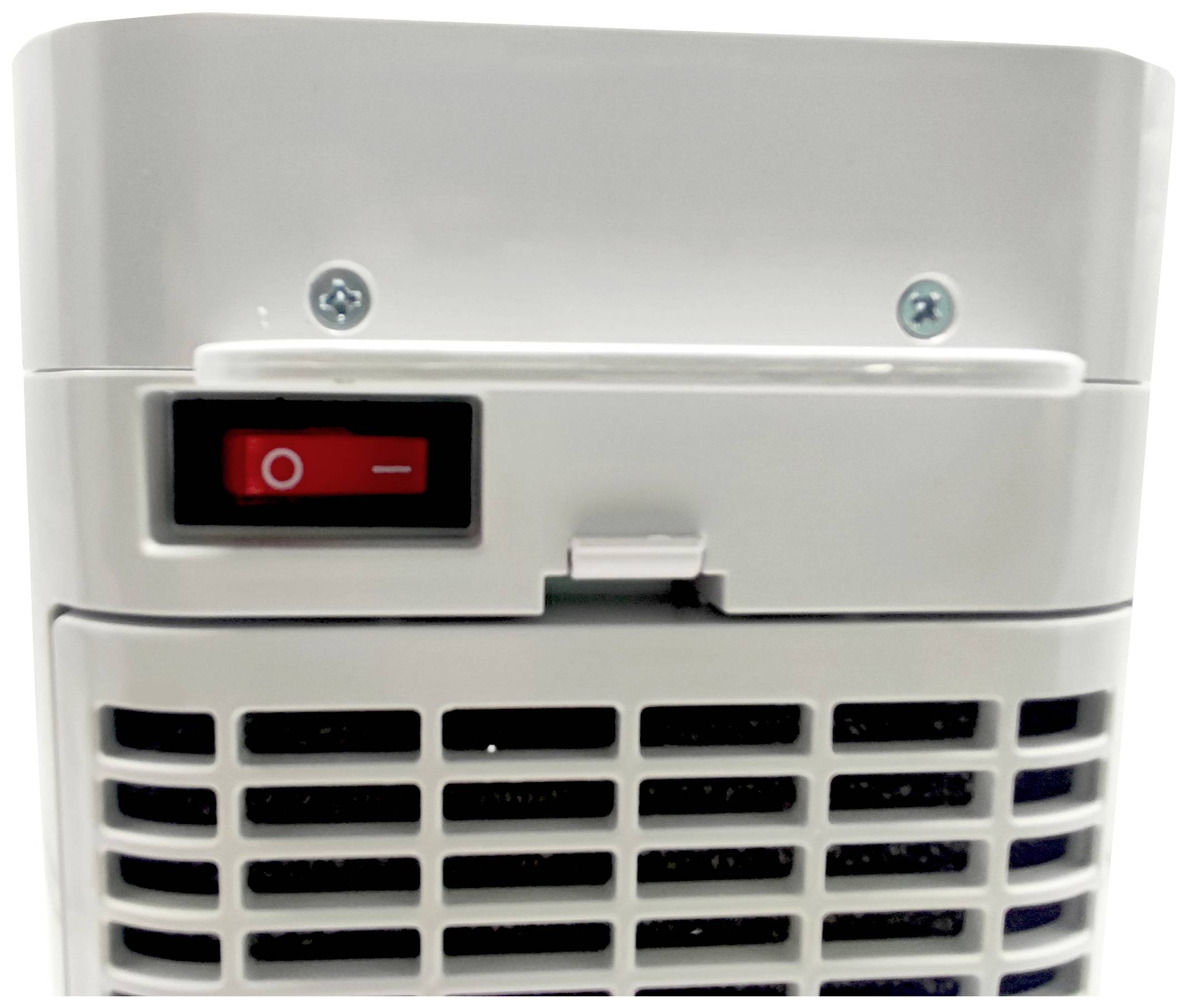 Close-up van de schakelaar van een luchtreiniger. De rode aan-/uitschakelaar bevindt zich linksboven. Ventilatiesleuven onderaan zichtbaar.