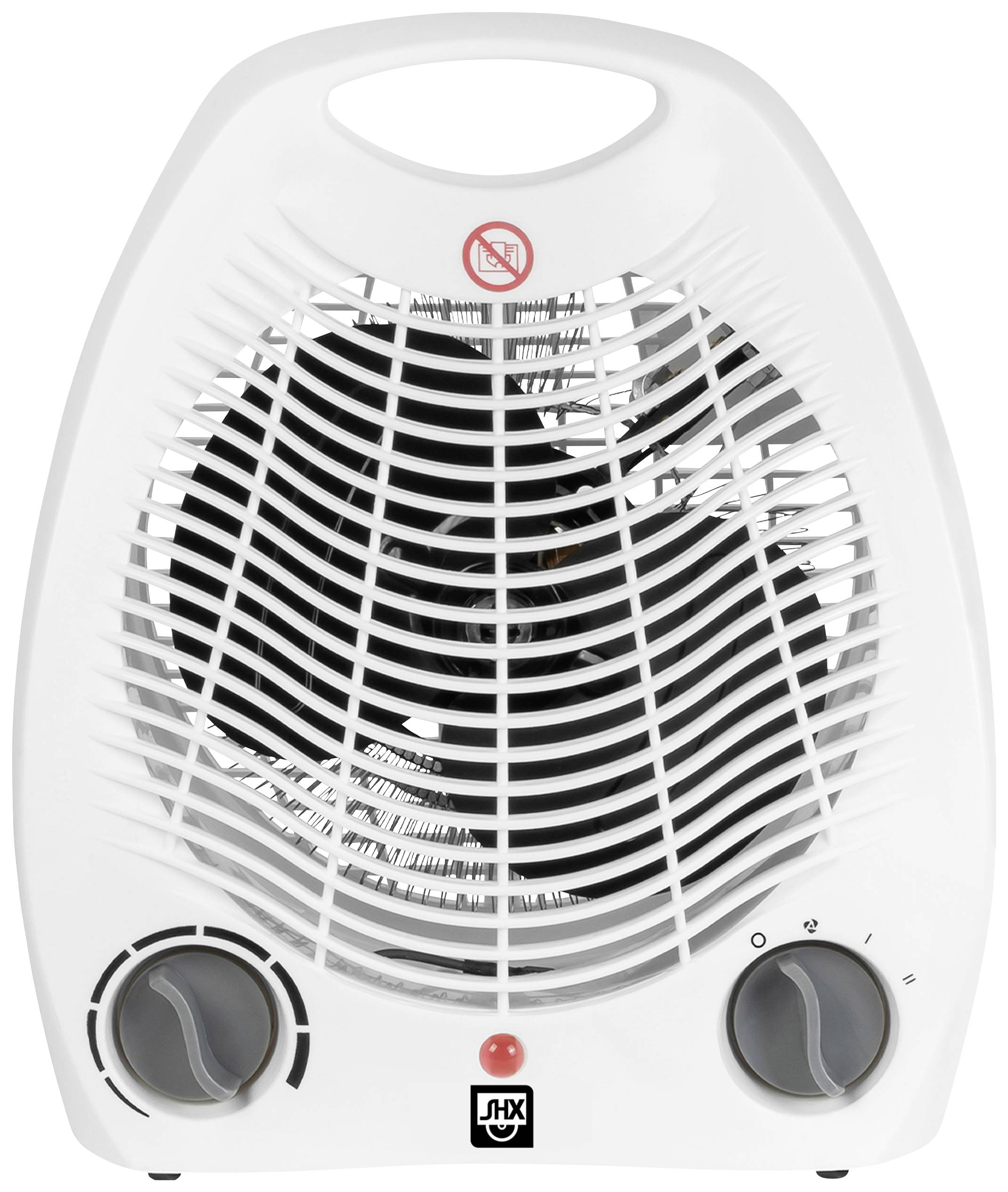 Een witte elektrische kachel met twee draaiknoppen aan de voorkant en een ventilatorrooster. Bovenaan is een waarschuwingssymbool zichtbaar.