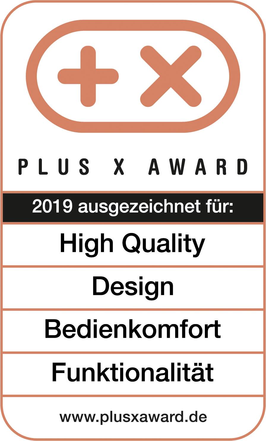 'Plus X Award'-logo met de bekroningen 2019 voor Hoge Kwaliteit, Design, Gebruiksgemak, Functionaliteit. Website: www.plusxaward.de.