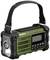 Een draagbare groene en zwarte radio met display, luidspreker en draagriem. Merk 'Sangean'.