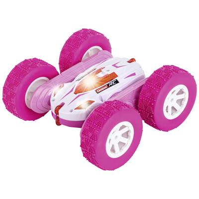 Een afstandsbediend speelgoedautootje met roze banden en een wit, verlicht chassis. Markering 'Carrera RC' aan de zijkant.