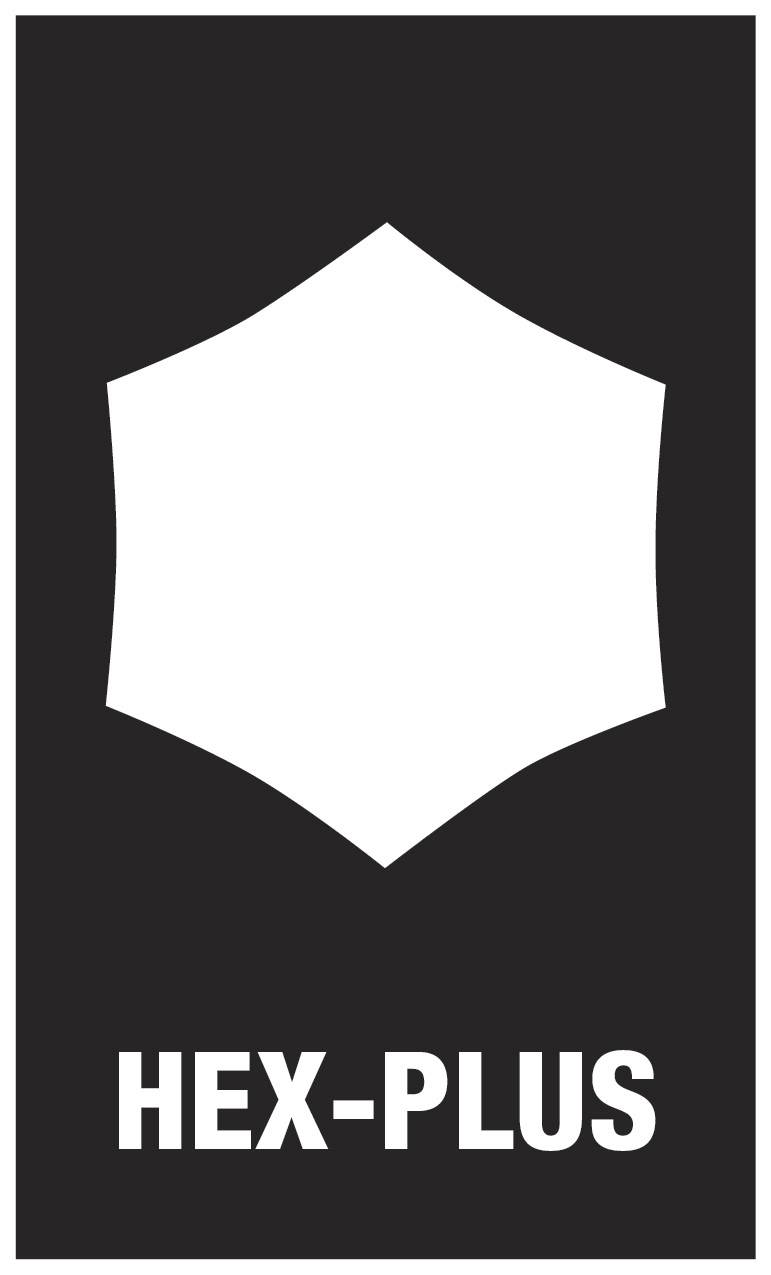 Zwart-witte grafiek met een zeshoekig schild in het midden. Daaronder staat 'HEX-PLUS' in grote letters.