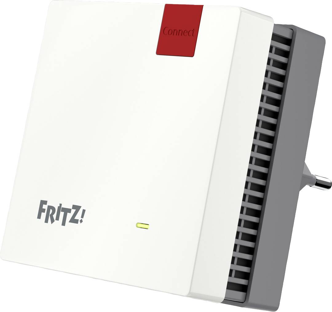 Een witte WLAN-repeater van 'FRITZ!' met een rode 'Connect'-knop bij het stopcontact. Hij breidt het WLAN-signaal in het huishouden uit.