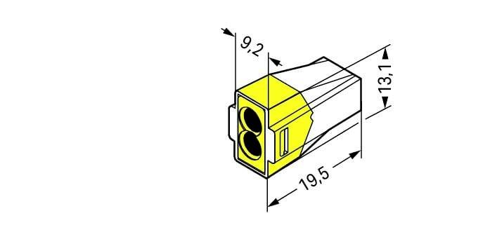 Technische tekening van een stekkerverbinding in geel, met afmetingen: 9,2 mm breedte, 13,1 mm hoogte, 19,5 mm diepte.