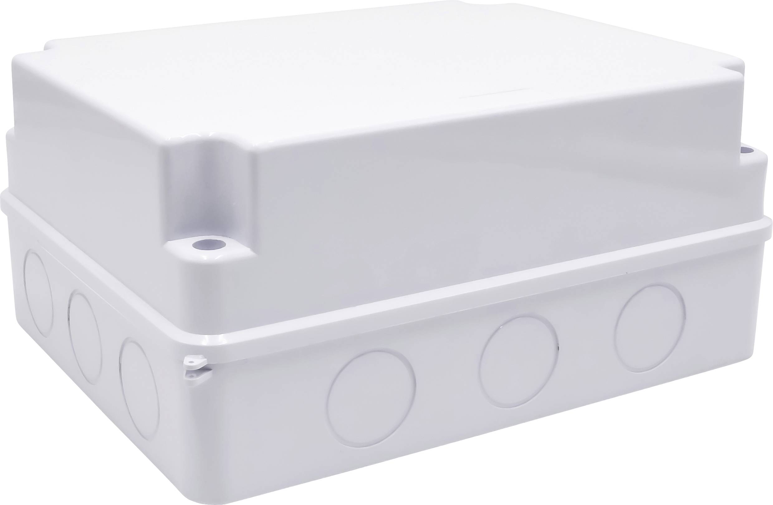 Witte, rechthoekige aansluitdoos met afgeronde hoeken en meerdere ronde uitsparingen aan de zijkanten. Deze is geschikt voor elektrische installaties.