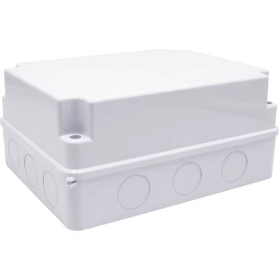 Witte, rechthoekige aansluitdoos met afgeronde hoeken en meerdere ronde uitsparingen aan de zijkanten. Deze is geschikt voor elektrische installaties.