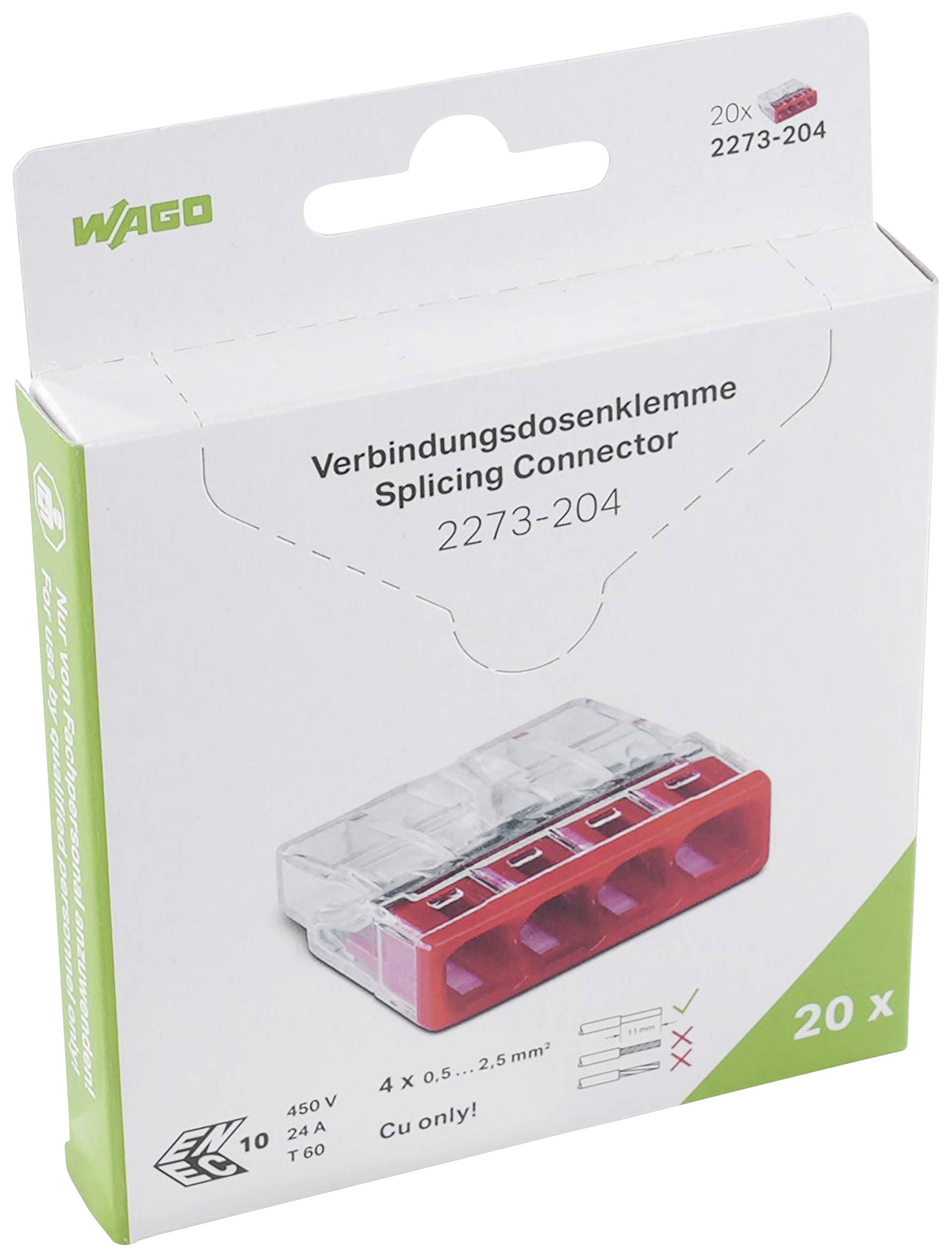 'WAGO aansluitdoos klem 2273-204, voor 4 aders, 0,5 tot 2,5 mm², 450 V, 24 A, T60, uitsluitend voor Cu. Verpakking met 20 stuks.'