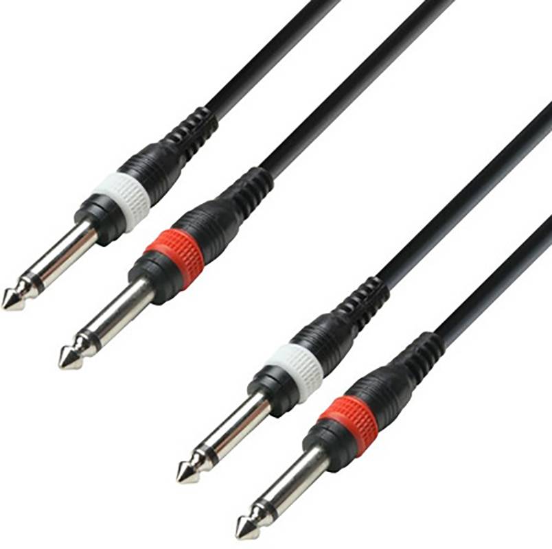 Twee zwarte audiokabels met rode en witte plastic aansluitingen aan de uiteinden, geschikt voor muziekinstrumenten of audio-apparatuur.