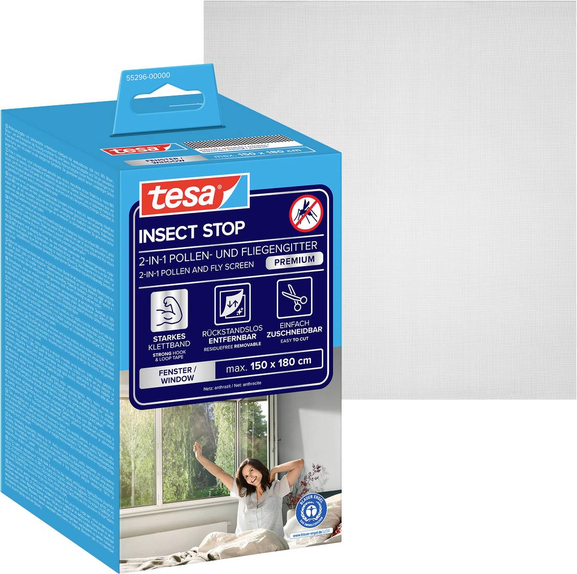 Tesa Insect Stop 2-in-1 pollen en vliegengaas premium doos voor een raamgaas, met productkenmerken en een foto van een slaapkamerraam op de verpakking.
