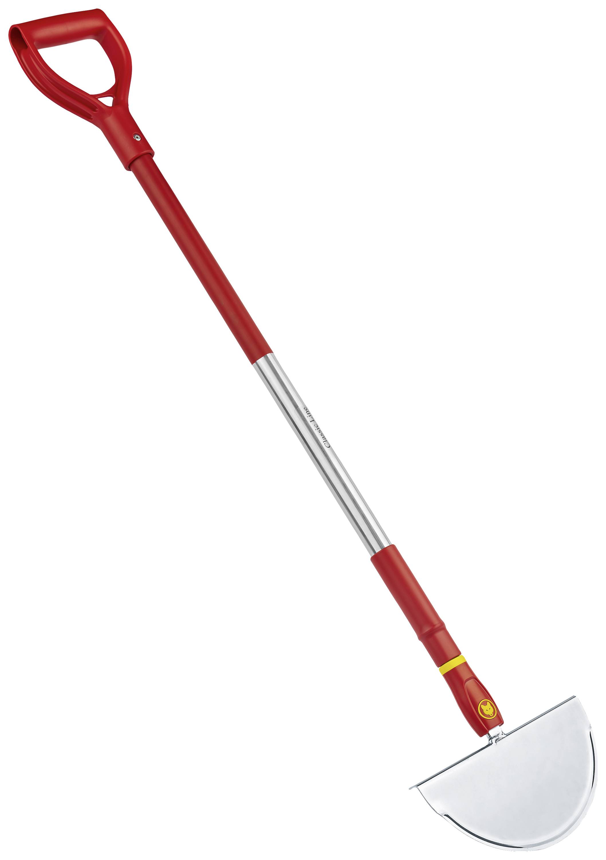 Een rode graskantsteker met lange steel en halve maanvormig lemmet, geschikt voor het netjes bijsnijden van gazonranden.