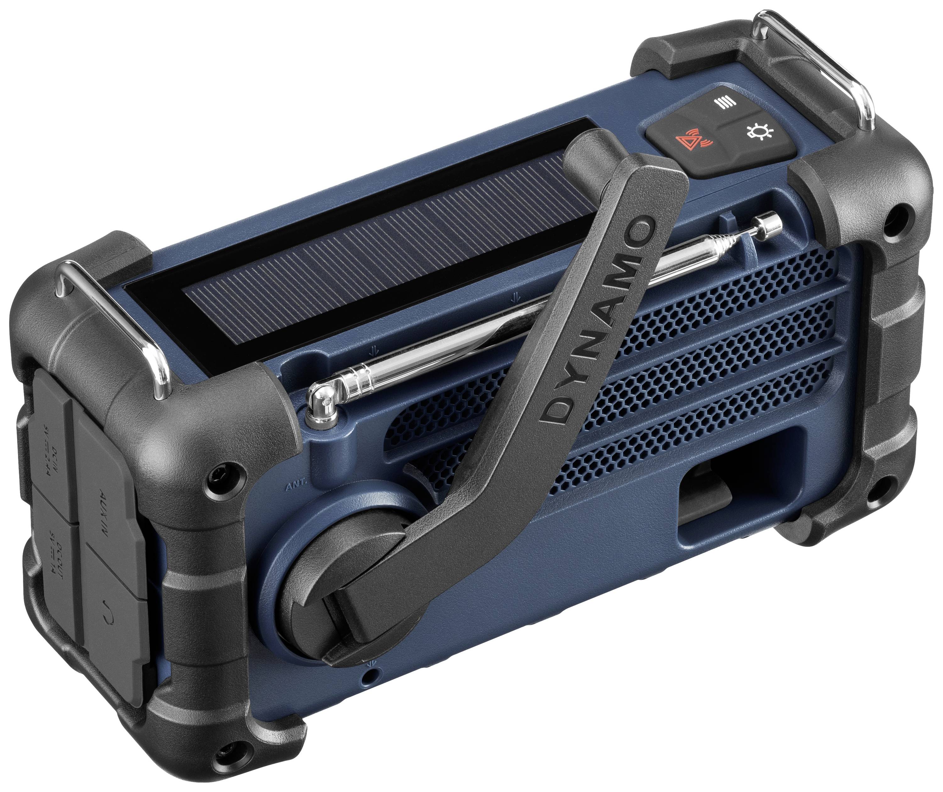 Draagbare radio met zonnepaneel en slinger. Aan de zijkant staat 'Dynamo'. Geschikt voor noodsituaties waarbij geen elektriciteit beschikbaar is.