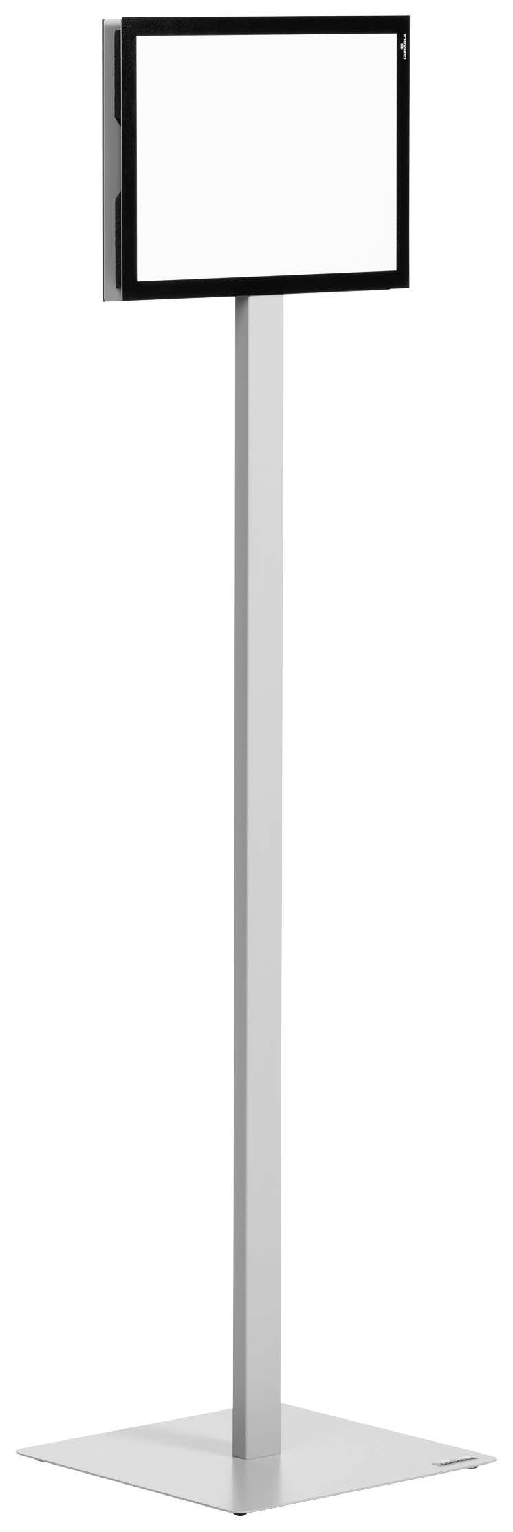 Een hoge, slanke informatiedrager met een rechthoekig, leeg frame bovenop een dunne standaard, ideaal voor aankondigingen.