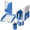 Bureauorganizer in het blauw met pennenhouder, papierlade en boekensteun. Bevat pennen, documenten en notitiebladen.