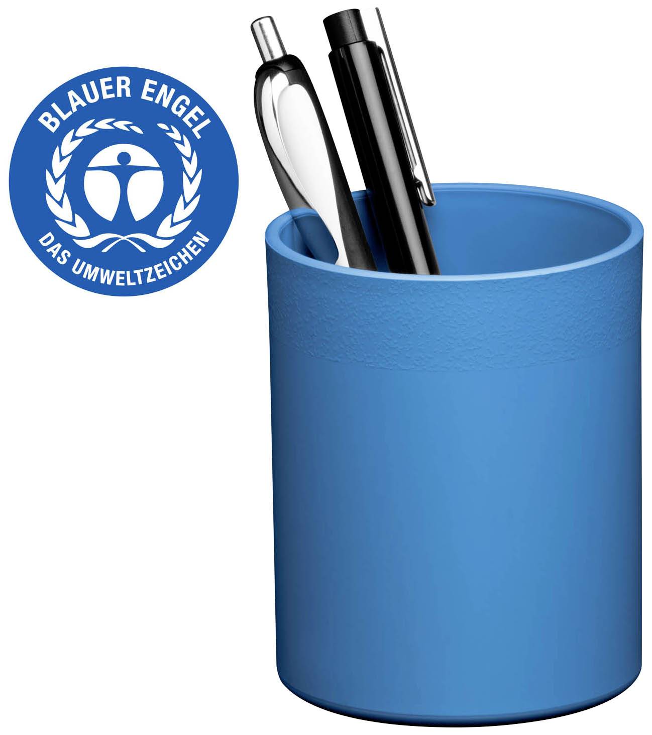 Blauwe pennenhouder met 'Blauwe Engel' milieukeurmerk. Bevat twee pennen, één zilverkleurig en één zwart.