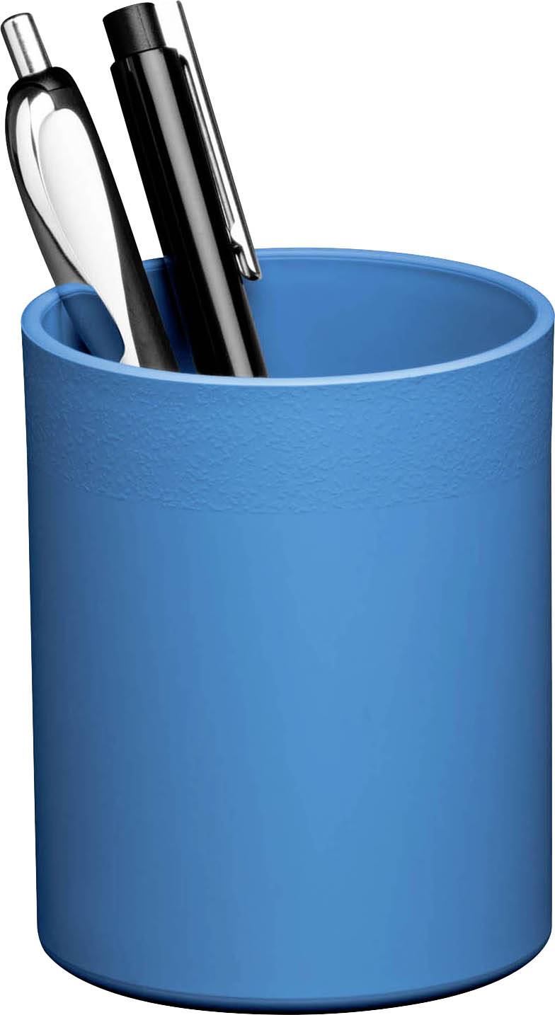 Blauwe pennenhouder met twee balpennen, één zwart en één zilver, staat rechtop.
