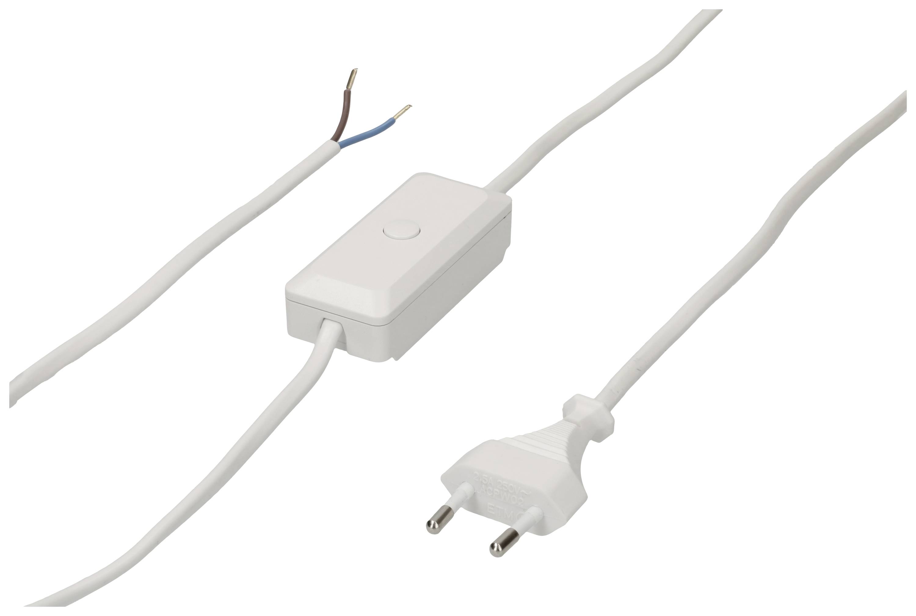Een witte kabelschakelaar met Schuko-stekker en open kabeluiteinde, geschikt voor elektrische apparaten, toont de drie aansluitingen.