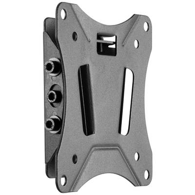 Een zwarte metalen beugel, waarschijnlijk bedoeld voor het monteren van een voorwerp aan de muur, vertoont meerdere schroefgaten en een centrale opening.