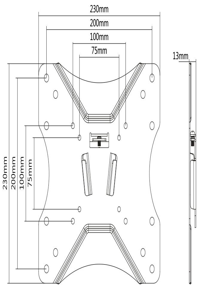 Technische tekening van een beugel met afmetingen: 230mm x 230mm, 200mm x 200mm. Zijdelingse diepte 13mm. Schroefgaten zichtbaar.