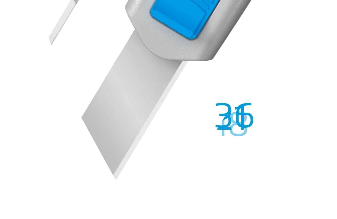 Een zilveren cuttermes met een blauwe schuifmechanisme. Ernaast staat in blauwe letters '30 5'.